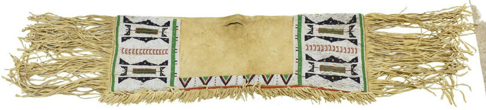 SIOUX BEADED HIDE SADDLE BAGS, C.1890-1910: Native American beaded hide saddle bags, Sioux, c. 1890-1910, long fringe and substantial beading at each end with open center, approx 13"w, 43"l (exclusive of fringe), fringe at two ends, some approx