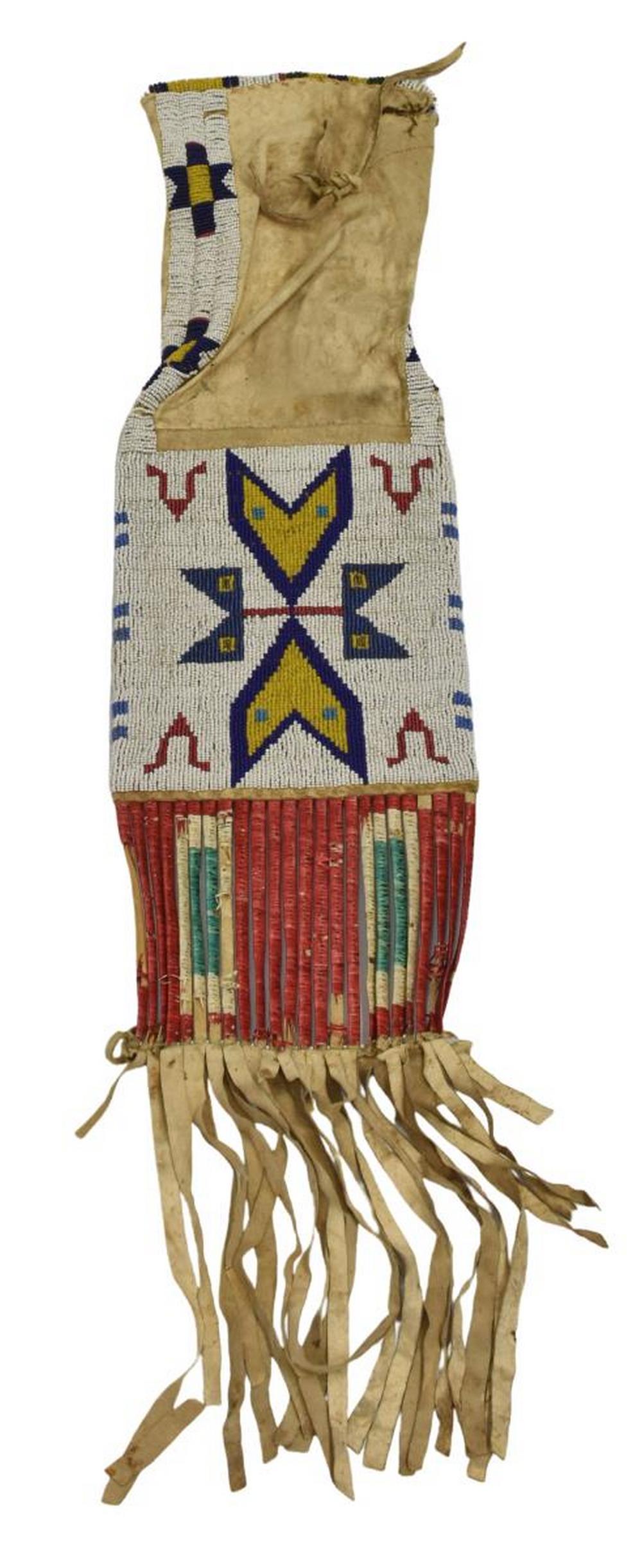 SIOUX BEADED & QUILLED HIDE TOBACCO BAG, C.1915: Native American beaded hide tobacco bag, Sioux, c.1895-1915, quillwork section and fringe, approx 23"l, 6"w (exclusive of lower fringe), 1lbs Start Price: $600.00