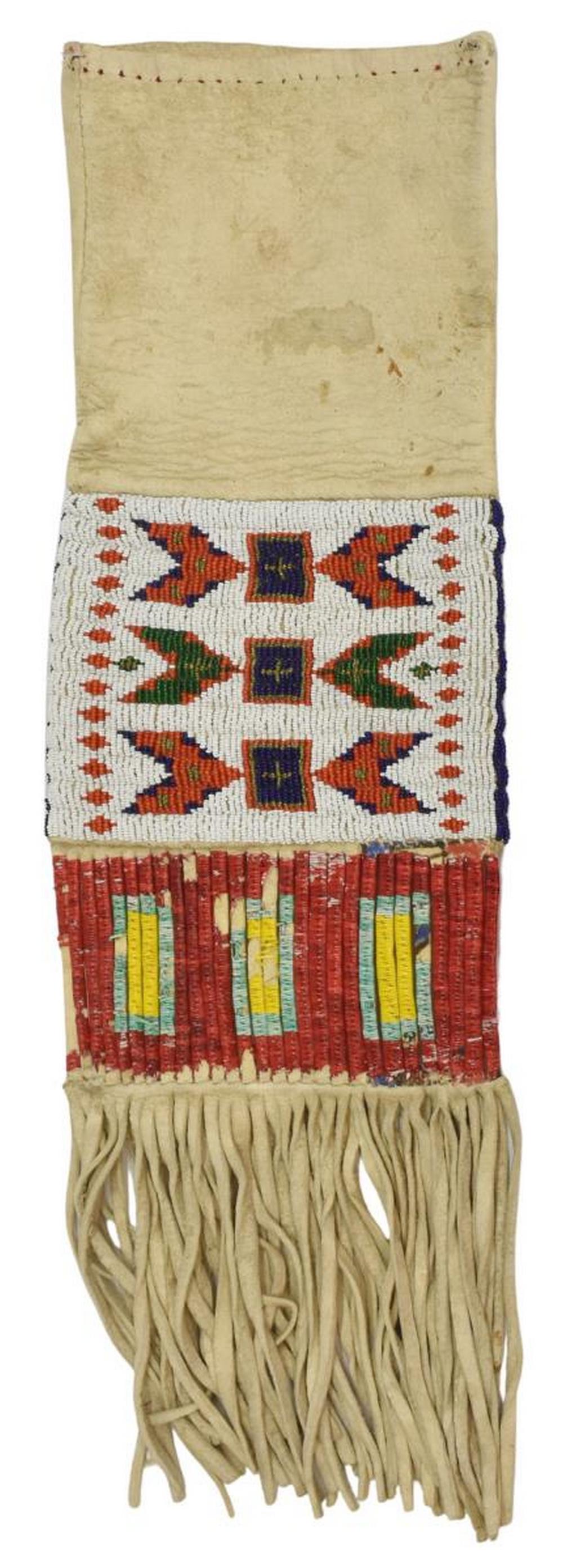 SIOUX BEADED QUILLED HIDE TOBACCO BAG, C.1920-1940: Native American beaded hide tobacco bag, Sioux, c.1920-1940, quill-wrapped section, fringe, approx 6.5"w, 16.5"l (exclusive of fringe), 0.75lbs Start Price: $200.00