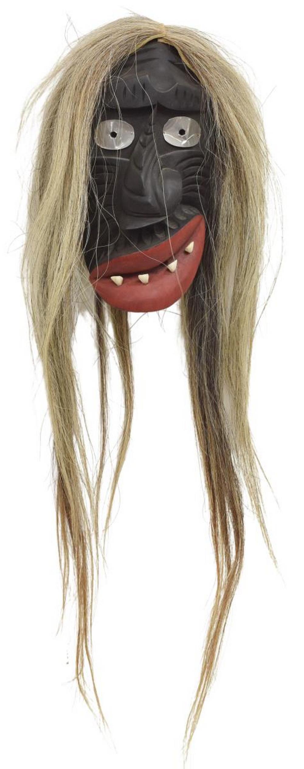 IROQUOIS CARVED WOOD FALSE FACE MASK, C.1950-1970: Native American carved wood False Face mask, Iroquois, c.1950-1970, black paint, red lips with teeth, tin eyes, horse hair, approx 11.5"h, 6"w, 4.5"d, 1.25lbs Start Price: $150.00