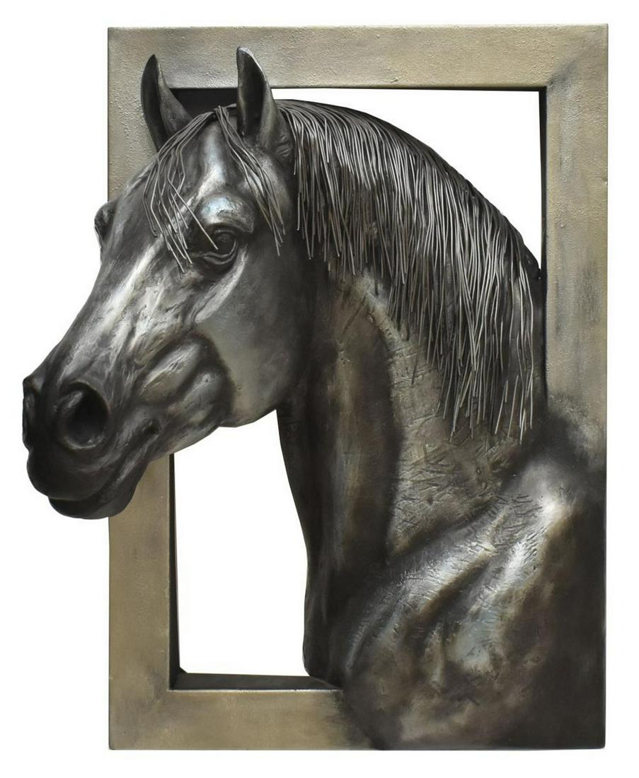 ANDRES MARTIN DEL CAMPO (B.1966) HORSE SCULPTURE: Framed three-dimensional mixed media (metal, resin, fiberglass) sculpture, Silver Horse, signed lower left Andres Martin del Campo (Guadalajara, Jalisco, Mexico, b.1966), approx 37.75"h, 28.5"w, 19.5"