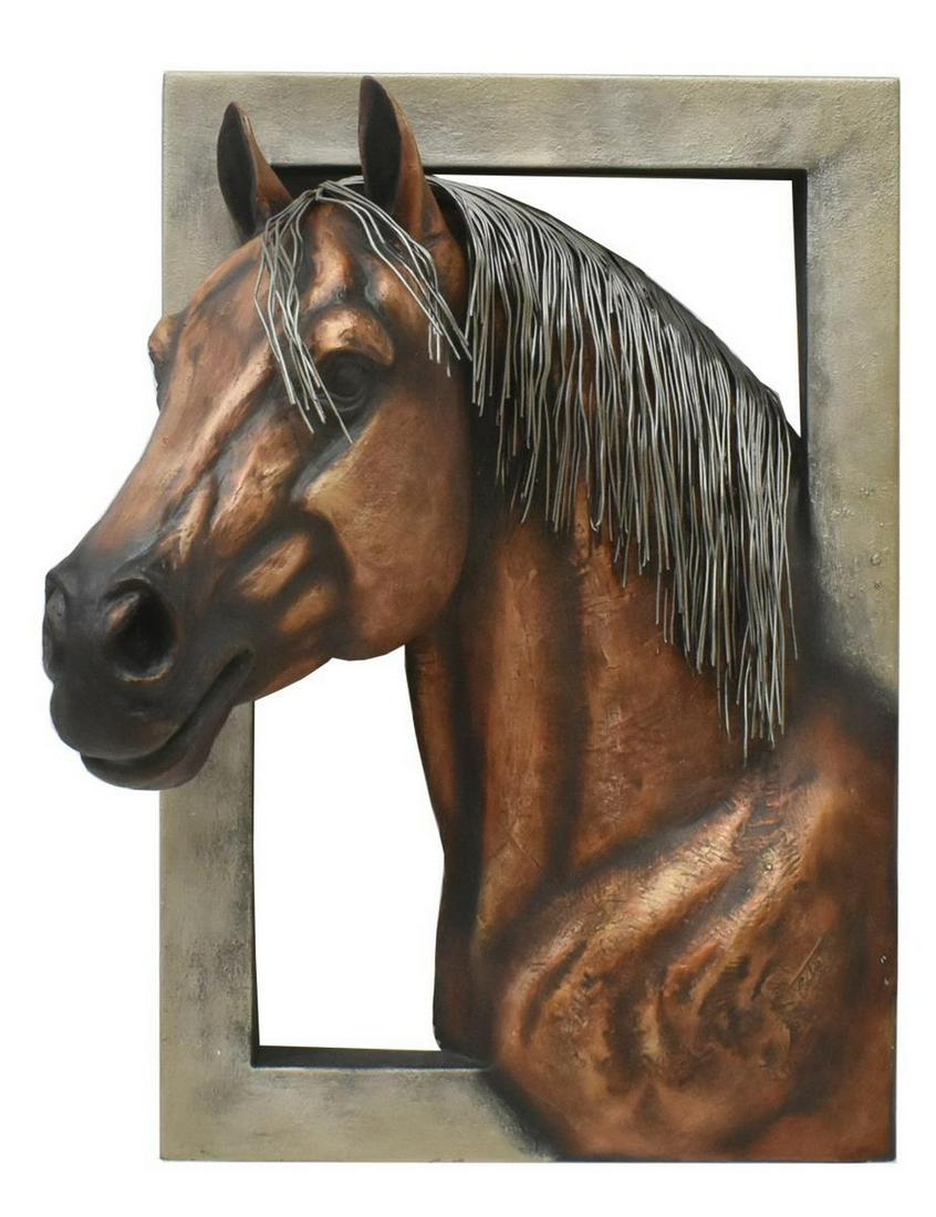 ANDRES MARTIN DEL CAMPO (B.1966) HORSE SCULPTURE: Framed three-dimensional mixed media (metal, resin, fiberglass) sculpture, Sorrel Horse, signed lower left Andres Martin del Campo (Guadalajara, Jalisco, Mexico, b.1966), approx 37.75"h, 29"w, 20.5"d,