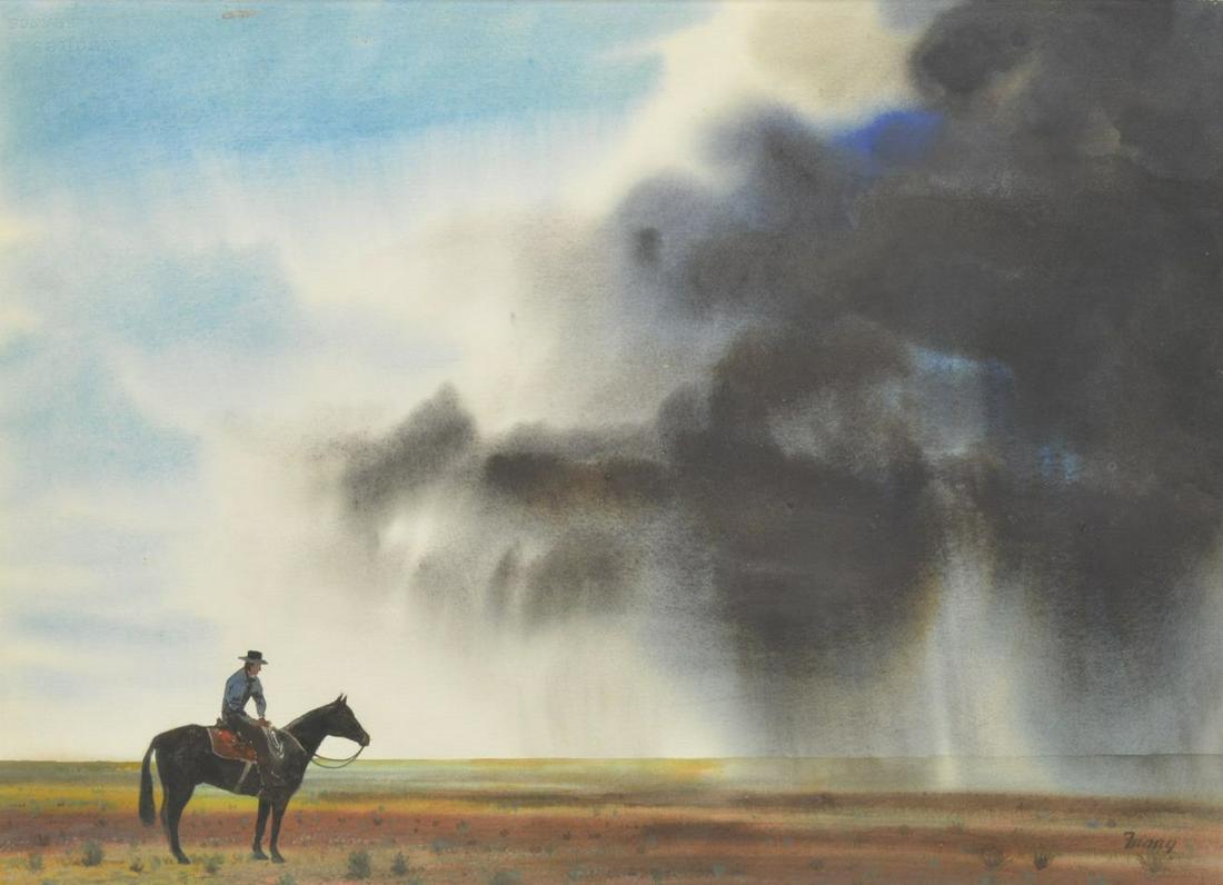 MICHAEL FRARY (1918-2005) PANHANDLE PUBLISHED: Framed watercolor painting on paper, "Approaching Storm," signed lower right Frary (Michael Frary, Texas, California, 1918-2005), sight: approx 21"h, 29.5"w, overall: approx 26.25"h, 34.75"w, 9.5lbs *