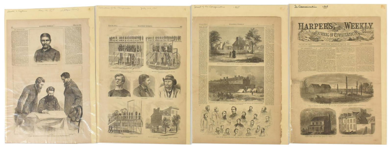 HARPERS WEEKLY 1865 ASSASSINATION OF LINCOLN: (lot of 5) Pages from Harpers Weekly regarding the assassination of Abraham Lincoln: (2) May 18, 1865, pages 292 and 293, drawings and text depicting the capture of the assassin, John Wilkes Booth, li