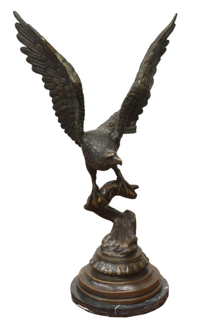 PATINATED BRONZE SCULPTURE PERCHED EAGLE: Patinated bronze sculpture, 20th c., Perched Eagle, in the manner of Jules Moigniez, depicting eagle with wings raised, preparing to take flight, rising on round marble base, unsigned, approx 35.5"h, 