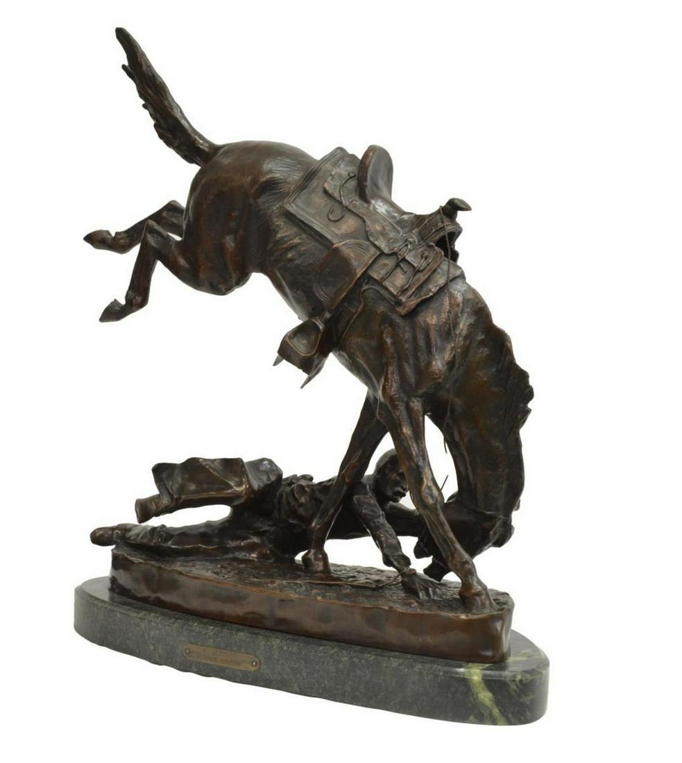 AFTER REMINGTON BRONZE 'WICKED PONY,' 21.5"H: Western bronze sculpture on marble base, "Wicked Pony," after the original by Frederic Sackrider Remington (American, 1861-1909), approx 21.5"h, 19"w, 9.5"d, 27lbs Start Price: $200.00