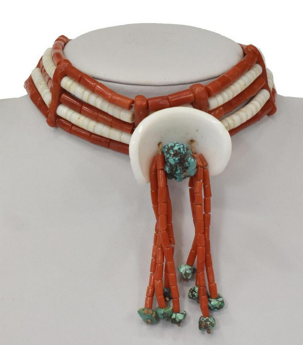 NATIVE AMERICAN RED CORAL & SHELL CHOKER NECKLACE: Native American choker necklace, c.1970s, with red coral and white shell beads, central shell with turquoise nugget, buffalo nickel button closure, approx 15.75"l, 1.25"w, 122.5 grams (inclusive of al