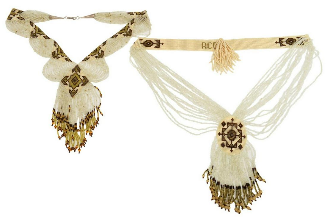 (2) RAY C. DAVIS SPLIT LOOM BEADED NECKLACES: (lot of 2) Native American split loom beaded necklaces, initialed RCD (Ray C. Davis, Blackfoot, Cherokee, 20th c.), glass seed beads, primarily creme and brown tones, (1) "Sacajawea," with silver (con