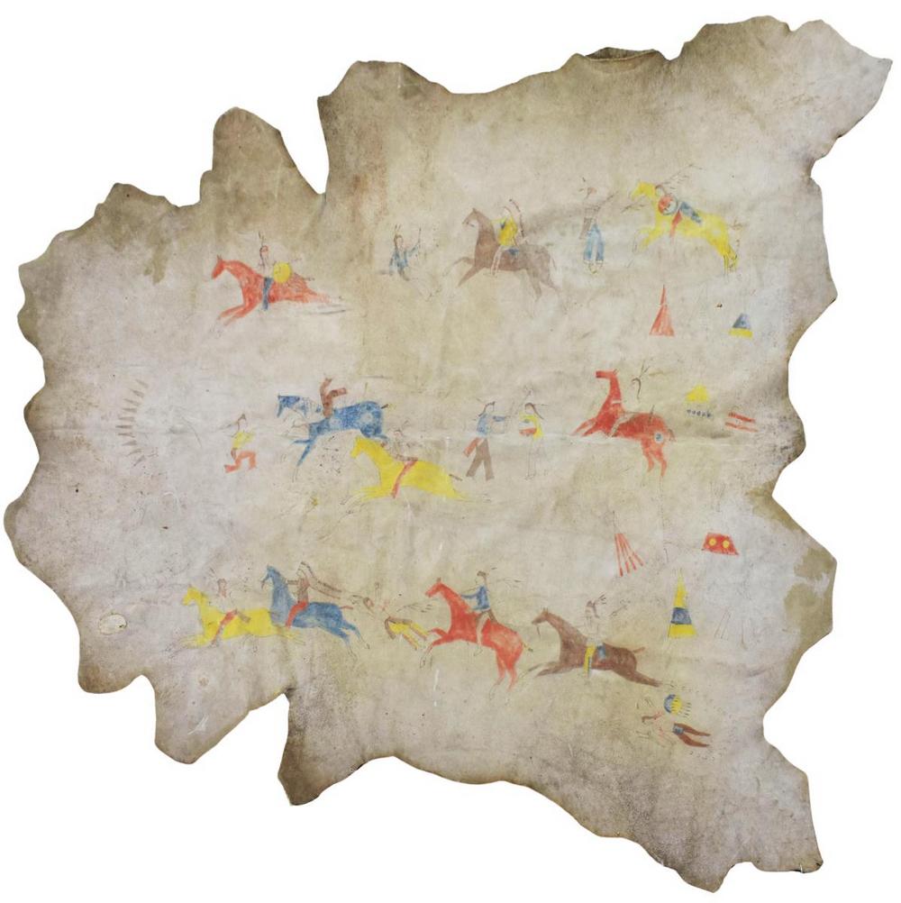 PLAINS LEDGER STYLE PAINTED COWHIDE, C.1895-1915: Native American painted cowhide, Plains, c.1895-1915, ledger style, polychrome pigment, with painted scenes depicting indian combat with spears and rifles, most on horseback, tipi, largest measurement