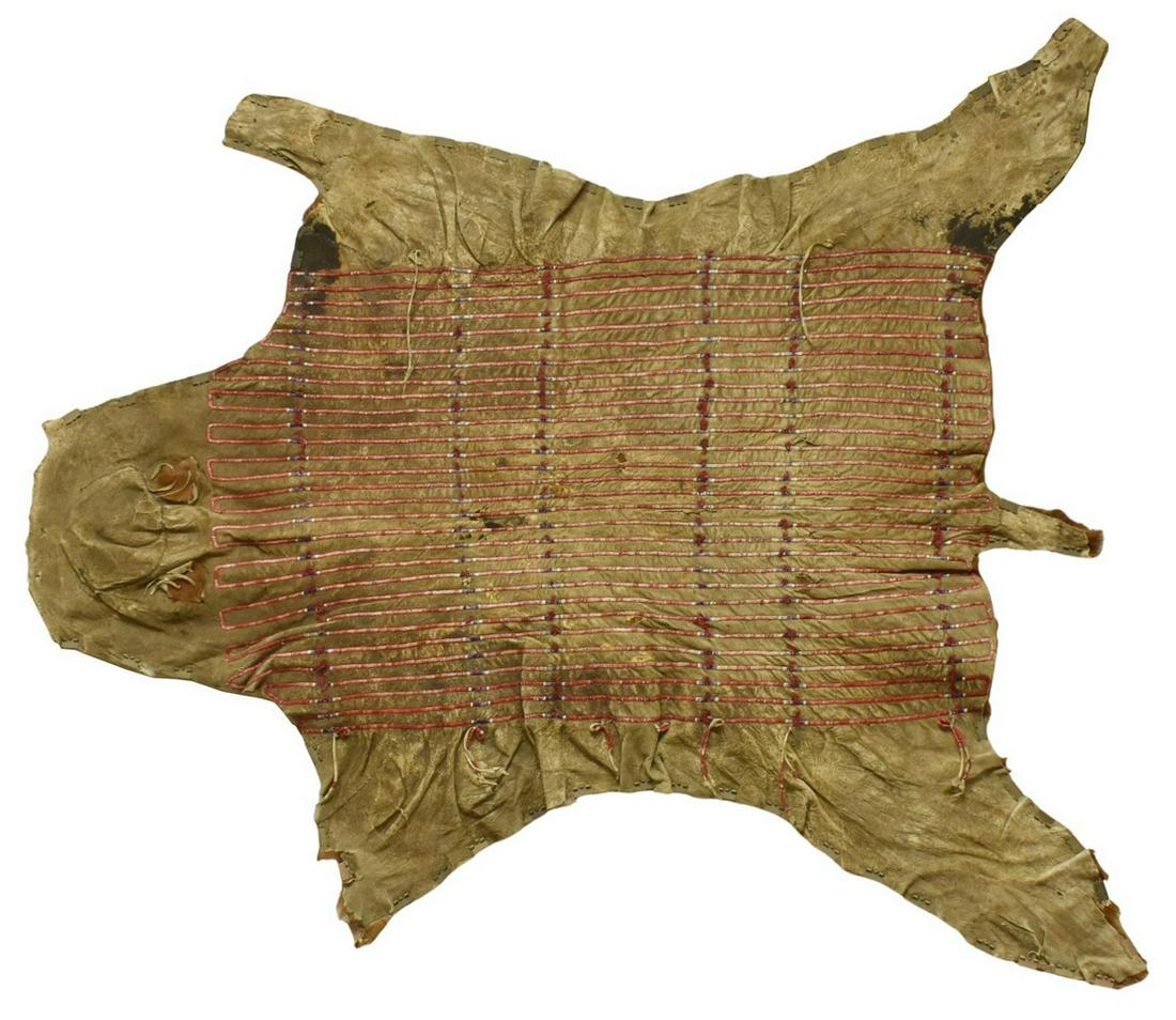 CHEYENNE QUILLED PUBERTY CALF HIDE, C.1890-1910: Native American puberty hide, Cheyenne, c.1890-1910, a calf hide, the underside tanned skin embellished with red quillwork running continuously in thirty parallel lines from head to tail, longest meas