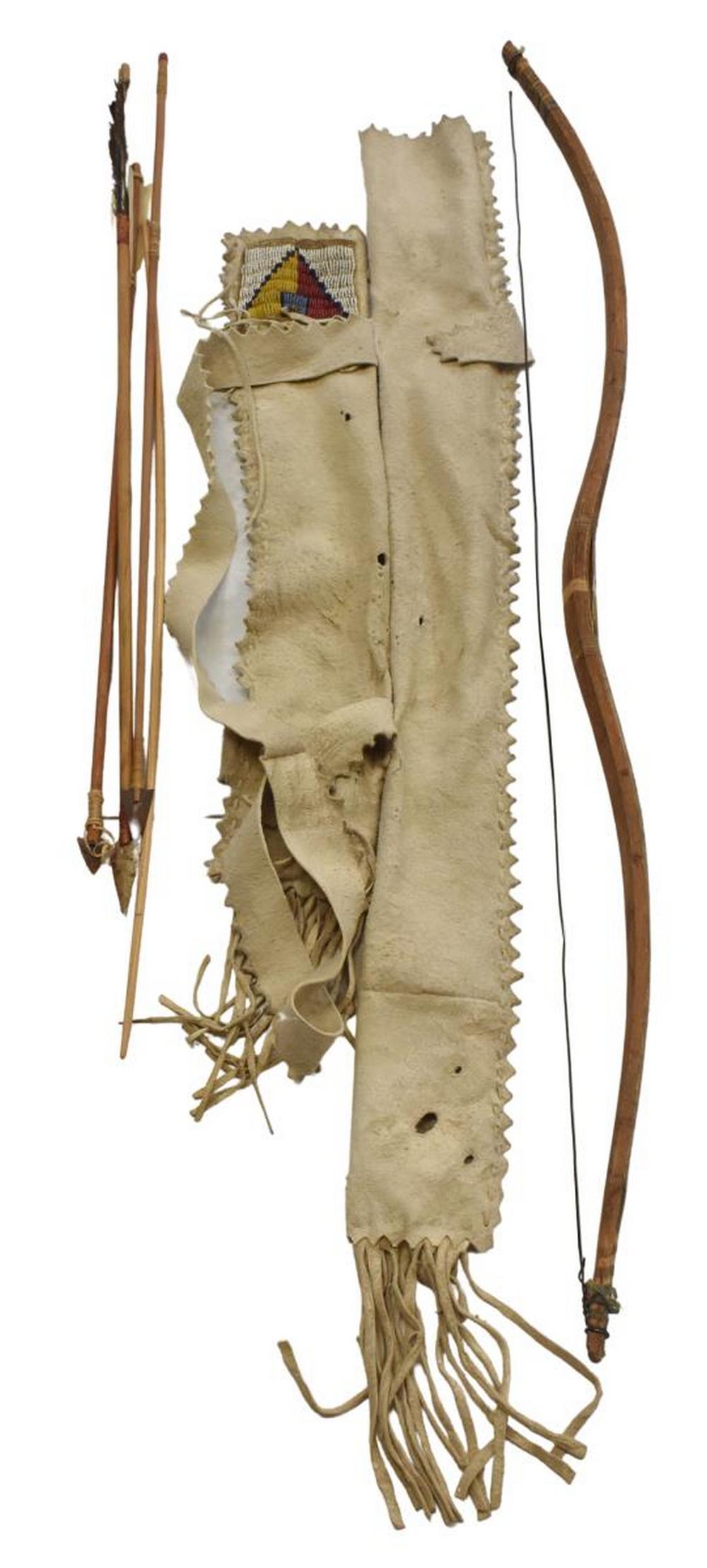 CENTRAL PLAINS HIDE BOW CASE & QUIVER, C.1890-1910: Native American hide bow case and quiver, Central Plains, c.1890-1910, with several arrows and a double-curved bow, the bow 41.5" and strung with wire, some decoration with tip-joined triangles, two a
