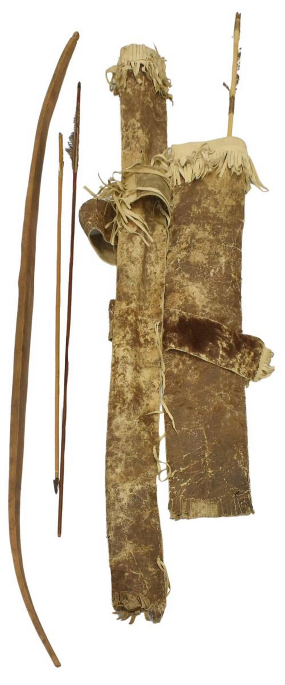 SOUTHERN PLAINS HIDE BOWCASE & QUIVER, C.1880-1910: Native American hide bowcase and quiver, Southern Plains, c.1880-1910, with bow and (three) arrows, longest: approx 36"l, (two) retaining steel arrowhead, approx 43"l; 2lbs total Start Price: $300.00