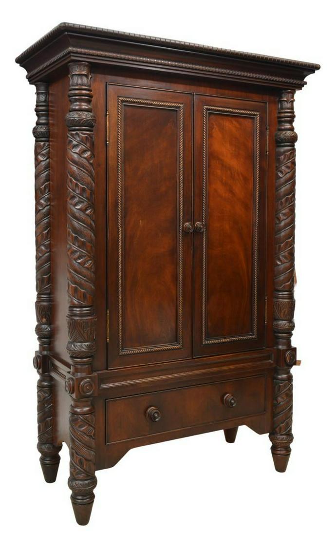 POLO RALPH LAUREN PLANTATION STYLE MEDIA CABINET: Plantation style mahogany entertainment armoire, Polo Ralph Lauren, late 20th c., molded cornice, pilasters with palm fronds, double doors opening to interior shelf with television mount, over lower e