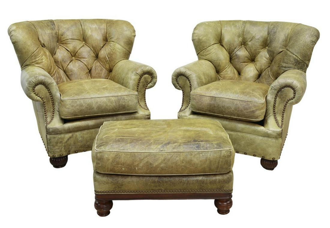 (3) TUFTED LEATHER ARMCHAIRS & OTTOMAN: (lot of 3) Leather seating group, American Country Collection, Santa Fe, late 20th c., including: (2) armchairs, with button-tufted back, rolled arms, loose seat cushion, large brass tacks, rising on 