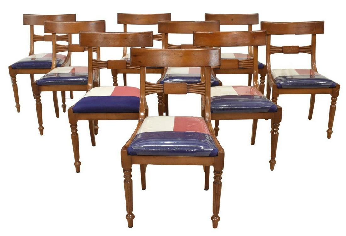 9) BAKER MILLING ROAD TEXAS FLAG SEAT SIDE CHAIRS: (lot of 9) Regency style dining chairs, Milling Road by Baker Furniture, late 20th c., ribbed carving to back rail, custom upholstered seat in red, white and blue, evoking the Texas state flag, on tur