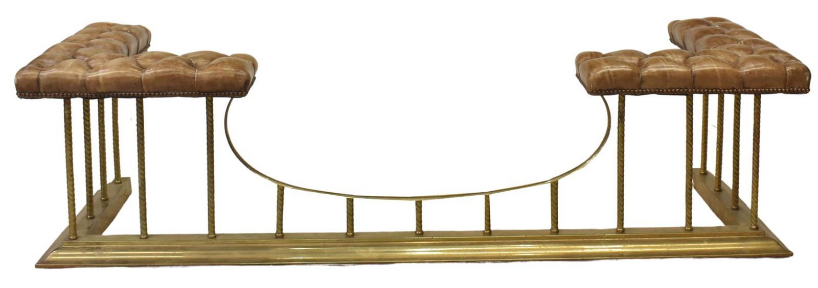 ENGLISH TUFTED LEATHER FIREPLACE CLUB FENDER: English fireplace club fender, early to mid 20th c., with button-tufted brown leather seats, tack trim, on brass base with spiral standards, losses to leather finish, approx 22"h, 79"w, 27"d **Provena