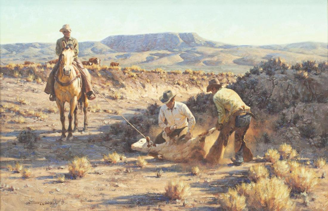 GARY NIBLETT (B.1943) 'HOUSE CALL' OIL PAINTING: Framed oil on Masonite painting, "House Call," signed lower left Gary Niblett (New Mexico, California, b.1943), dated 1974, sight 19.25"h, 29.25"w, overall: 31.5"h, 41.75"w **Provenance: From the Snaf