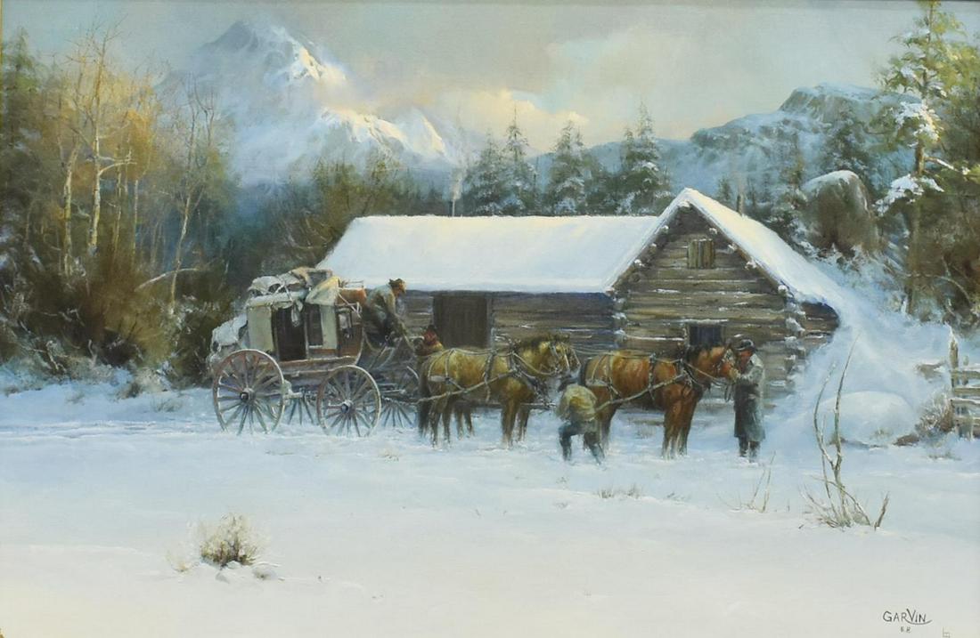 BARBARA GARVIN (1936-2006) MORNING STAGECOACH: Framed oil on canvas painting, Morning Stagecoach, signed lower right Garvin over B.R. (Barbara Garvin, California, 1936-2006), sight: 23.25"h, 35.25"w, overall: 35.75"h, 47.5"w **Provenance: From the