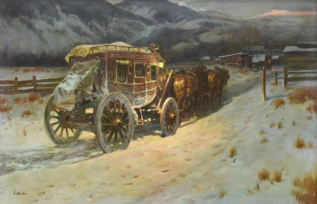 LAJOS MARKOS (1917-1993) 'CHRISTMAS EVE' 24"x36": Framed oil on canvas painting, "Christmas Eve," signed lower left L. Markos (Lajos Markos, Texas, New York, Hungary, 1917-1993), sight: 23.5"h, 35.5"w, overall: 32.5"h, 44.75"w **Provenance: From the