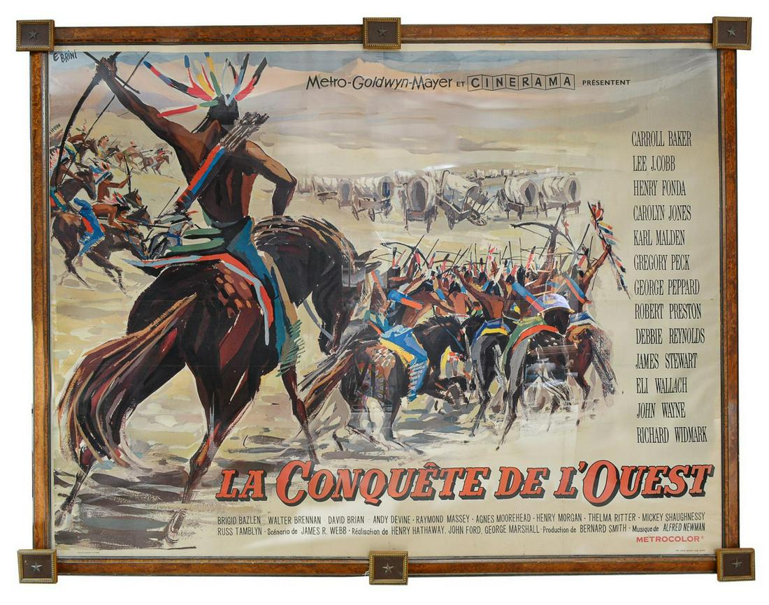 LARGE FRENCH MOVIE POSTER 'HOW THE WEST WAS WON': Framed French movie poster on paper, "La Conquete de l'Ouest" ("How the West Was Won"), c.1962, Metro-Goldwyn-Mayer, starring Carroll Baker, Lee J. Cobb, Henry Fonda, Carolyn Jones, Karl Malden, Grego