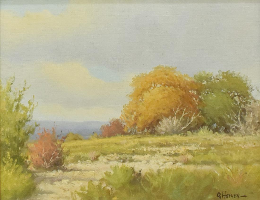 G. HARVEY (TEXAS, 1933-2017) 'AUTUMN TRAIL': Framed oil on canvas painting, "Autumn Trail," signed lower right G. Harvey (Gerald Harvey Jones, Texas, 1933-2017), titled on back stretcher, inventory number and G. Harvey stamp at verso, sight: 10.