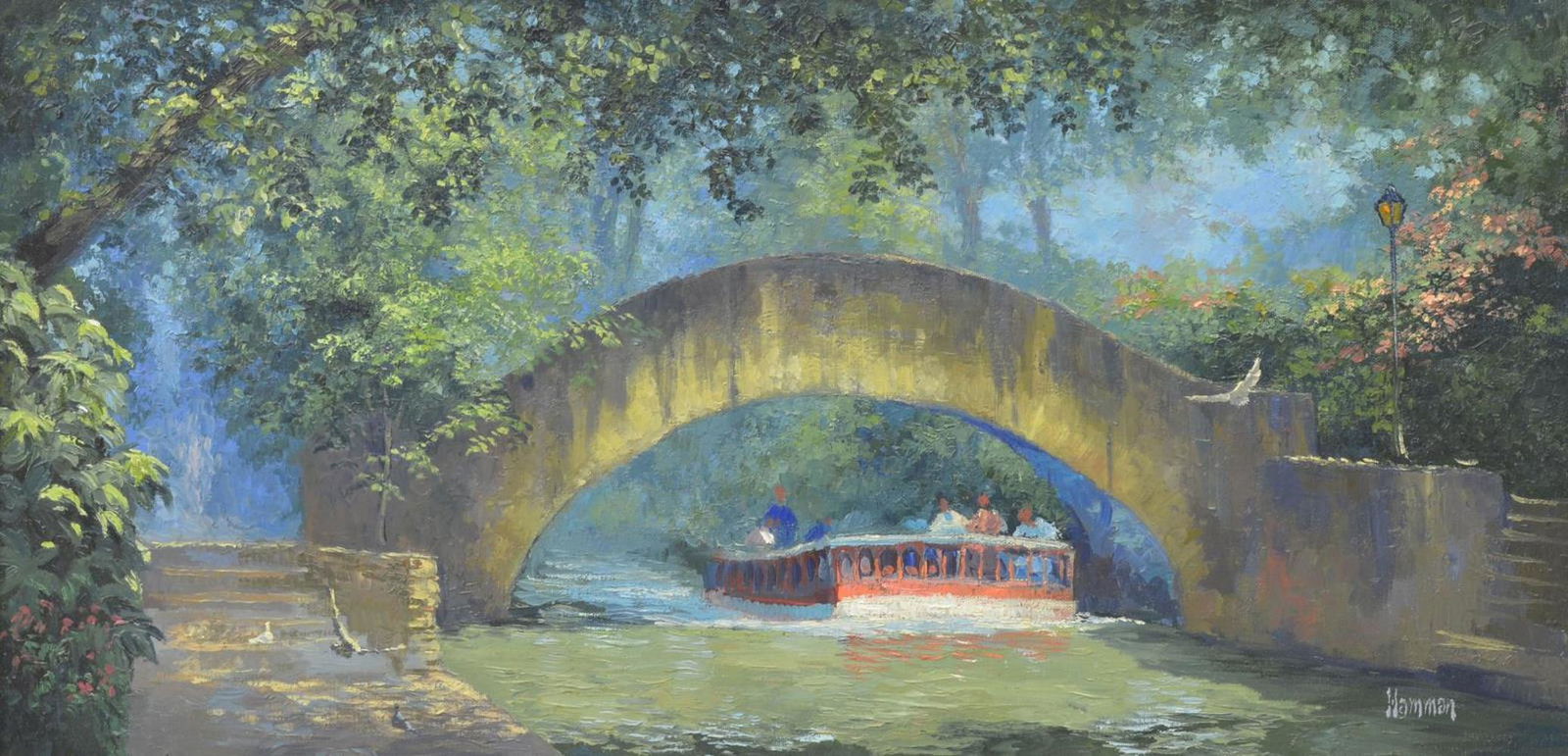 ROBERT HAMMAN (B.1938) SAN ANTONIO RIVERWALK: Framed oil on canvas painting, "La Mansion Bridge" (San Antonio Riverwalk), signed lower right Hamman (Robert Hamman, Texas, b.1938), titled at back stretcher, sight: approx 14.5"h, 29.5"w, overall: a