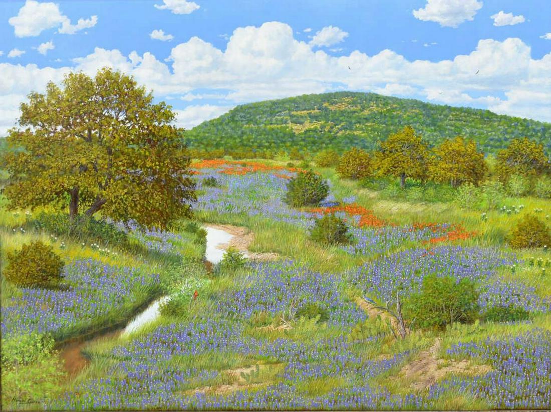 MANUEL GARZA (TX, B.1940) HILL COUNTRY BLUEBONNETS: Framed oil on canvas painting, Hill Country Bluebonnets, signed lower left Manuel Garza (Texas, b.1940), sight: approx 29.75"h, 39.5"w, overall: approx 41.5"h, 51.5"w, 28.5lbs Start Price: $3,000.00