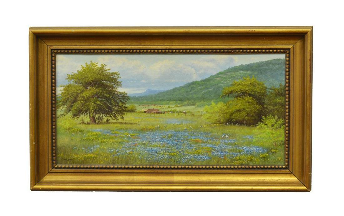 MANUEL GARZA (B.1940) TEXAS BLUEBONNETS & HILLS: Framed oil painting on canvas, Texas Bluebonnets and Hills, signed lower left Manuel Garza (Texas, b.1940), sight: 12.5"h, 25.5"w, overall: 18.25"h, 31.5"w Start Price: $800.00