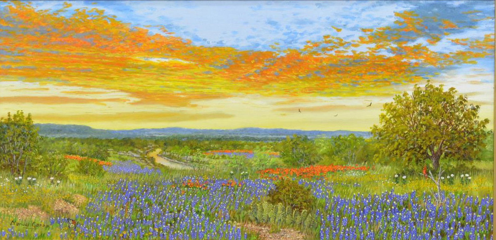 MANUEL GARZA (TEXAS, B.1940) BLUEBONNET SUNSET: Framed oil painting on canvas, Bluebonnet Sunset, signed lower left Manuel Garza (Texas, b.1940), sight: approx 9.5"h, 19.5"w, overall: 17.75"h, 27.75"w, 7lbs Start Price: $800.00