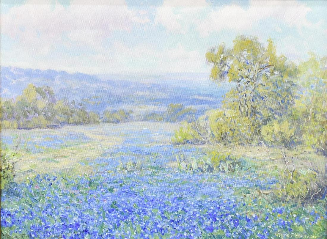 ROBERT HARRISON (TX, B.1949) BLUEBONNETS & HILLS: Framed oil on canvas painting, Bluebonnets and Hills, signed lower right Robert Harrison (Texas, b.1949), sight: 11.25"h, 15.25"w, overall: 20.25"h, 24.25"w, 12.25lbs Start Price: $600.00