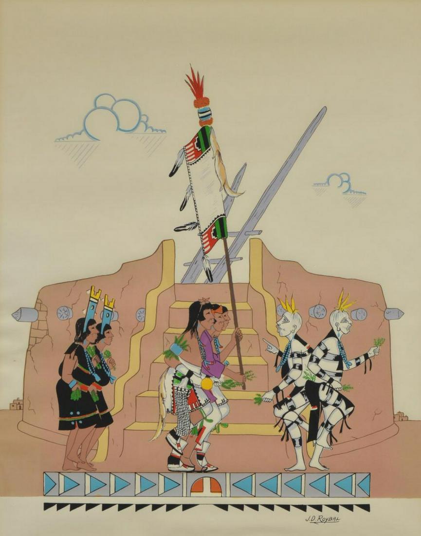 JOSE D. ROYBAL (D.1978) HARVEST DANCE WATERCOLOR: Framed watercolor and gouache painting on paper, Harvest Dance, signed lower right J.D. Roybal (Jose Desiderio Roybal, San Ildefonso Pueblo, New Mexico, 1922-1978), sight: approx 19"h, 15"w, overall: