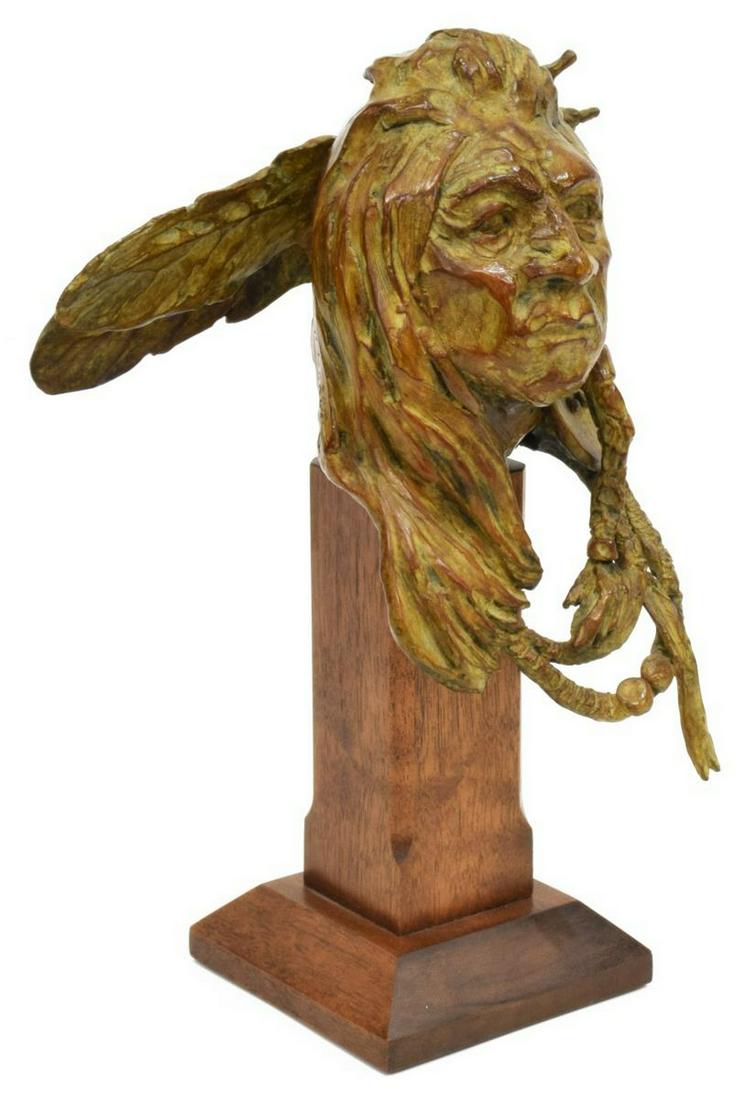 ROY ANDERSEN (1930-2019) BRONZE INDIAN BUST: Bronze sculpture, "Many Coups," signed Roy Andersen (American, 1930-2019), numbered 15/ 50, on a walnut plinth, approx 11"h, 6.25"w, 5"d, 4.25lbs **Provenance: from the estate of Roy Andersen (America