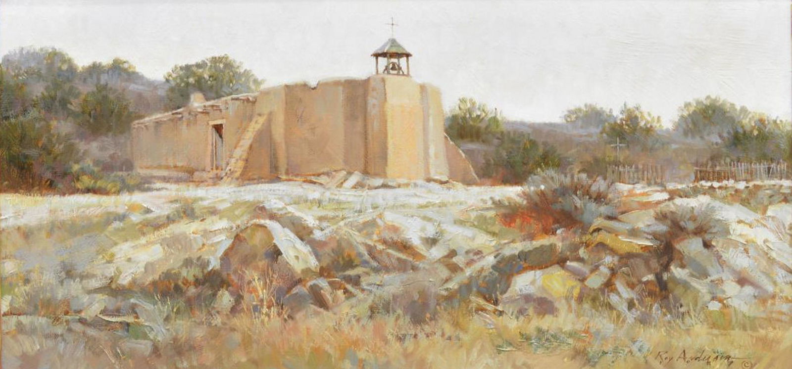 ROY ANDERSEN (1930-2019) MISSION CHURCH PAINTING: Framed oil on canvas painting, Mission Church, signed lower right Roy Andersen (American, 1930-2019), dated 1987, sight: approx 11.5"h, 23.5"w, overall: approx 20"h, 32"w, 9.5lbs Start Price: $700.00