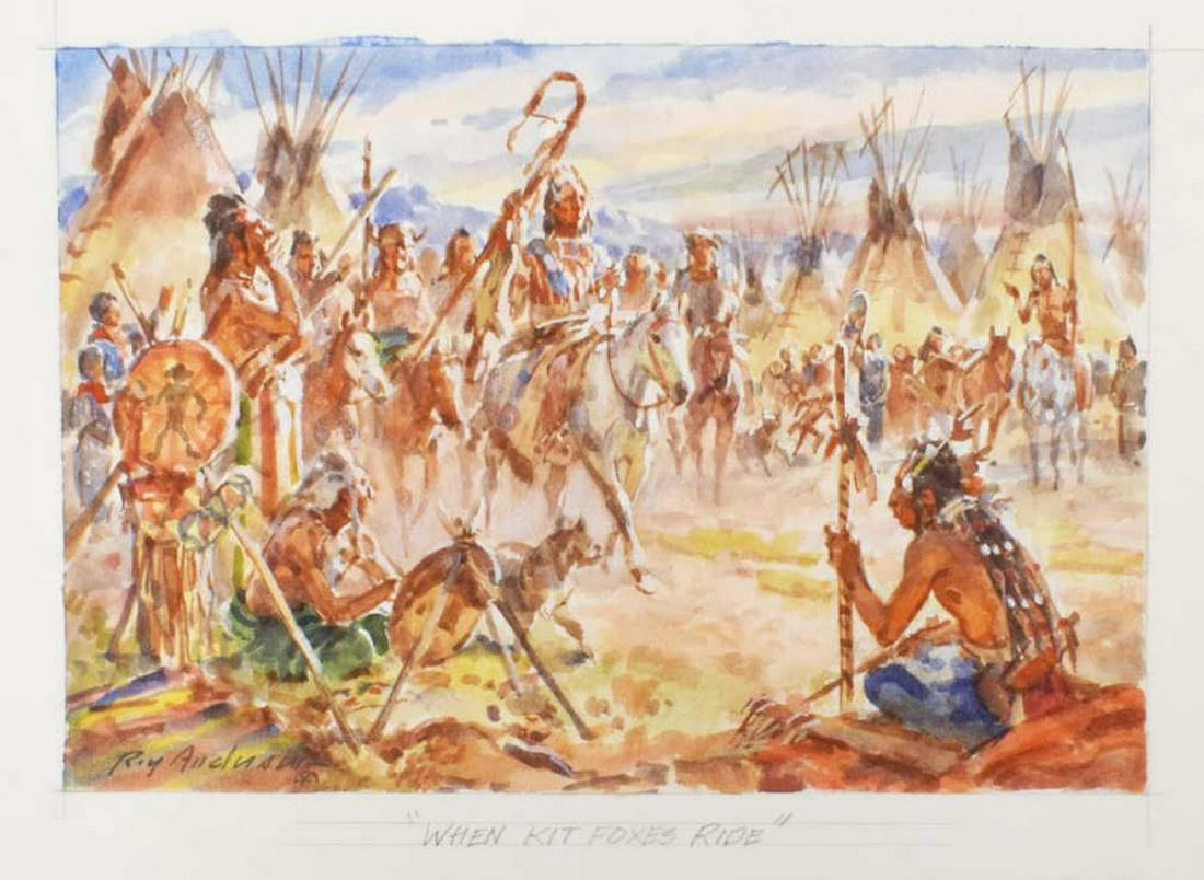ROY ANDERSEN (1930-2019) KIT FOX WATERCOLOR: Unframed watercolor painting on paper, "When Kit Foxes Ride," signed lower left Roy Andersen (American, 1930-2019), sight: approx 6 3/8"h, 9 7/8"w, sheet: approx 12.25"h, 16.25"w**Provenance: from the