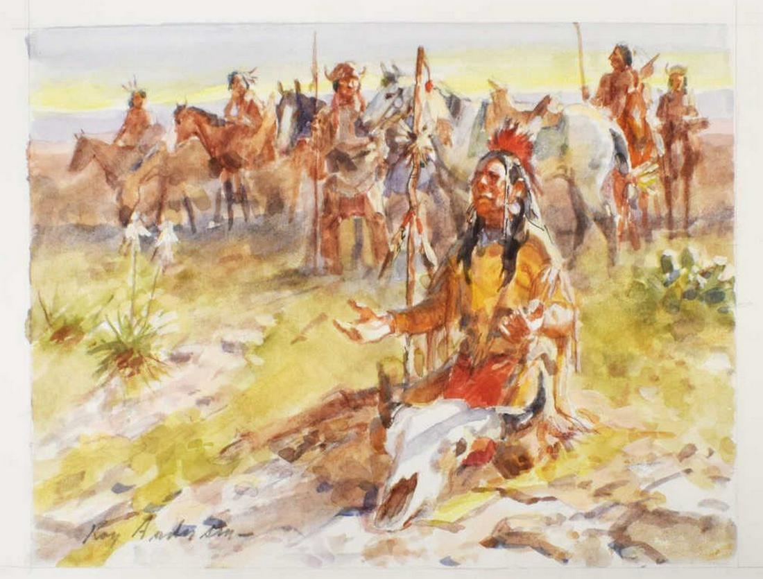 ROY ANDERSEN (1930-2019) MEDICINE MAN WATERCOLOR: Unframed watercolor painting on paper, "Searchers of the High Plains," signed lower left Roy Andersen (American, 1930-2019), sight: approx 7 3/8"h, 10"w, sheet: approx 12.25"h, 16.25"w **Note: the oil