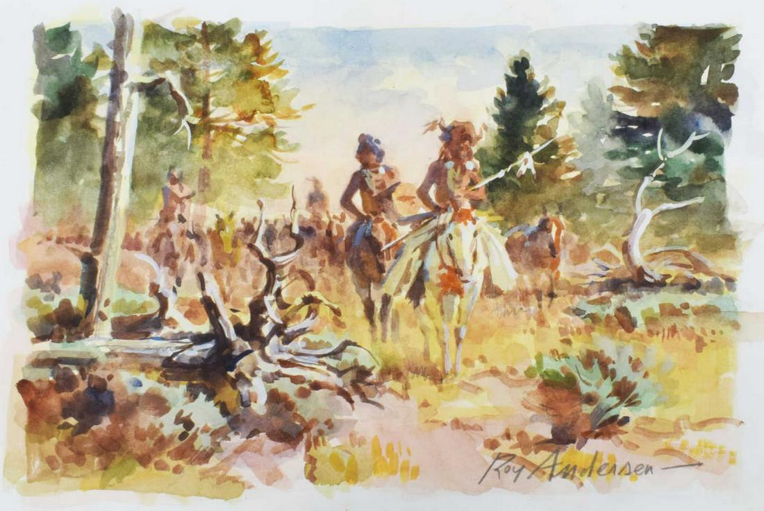 ROY ANDERSEN (1930-2019) INDIAN WATERCOLOR: Unframed watercolor painting on paper, Native American Riders on Horseback, signed lower right Roy Andersen (American, 1930-2019), sight: approx 7.75"h, 11"w, sheet: approx 9"h, 12.25"w**Provenance: f