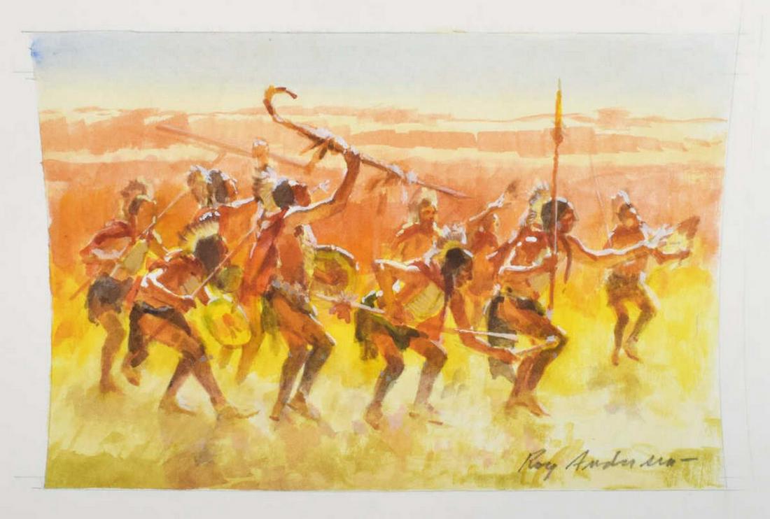 ROY ANDERSEN (1930-2019) W/C CEREMONIAL DANCE: Unframed watercolor painting on paper, Ceremonial Dance, signed lower right Roy Andersen (American, 1930-2019), sight: approx 6"h, 9 1/8"w, sheet: approx 9"h, 12.25"w **Provenance: from the estate of