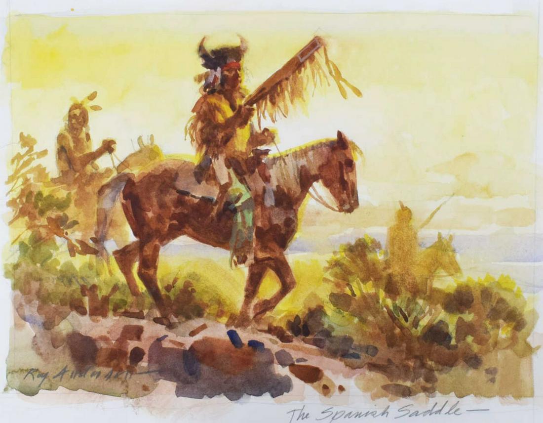ROY ANDERSEN (1930-2019) SPANISH SADDLE WATERCOLOR: Unframed watercolor painting on paper, "The Spanish Saddle," signed lower left Roy Andersen (American, 1930-2019), sight: approx 7.75"h, 11"w, sheet: approx 9"h, 12.25"w **Note: the oil painting based