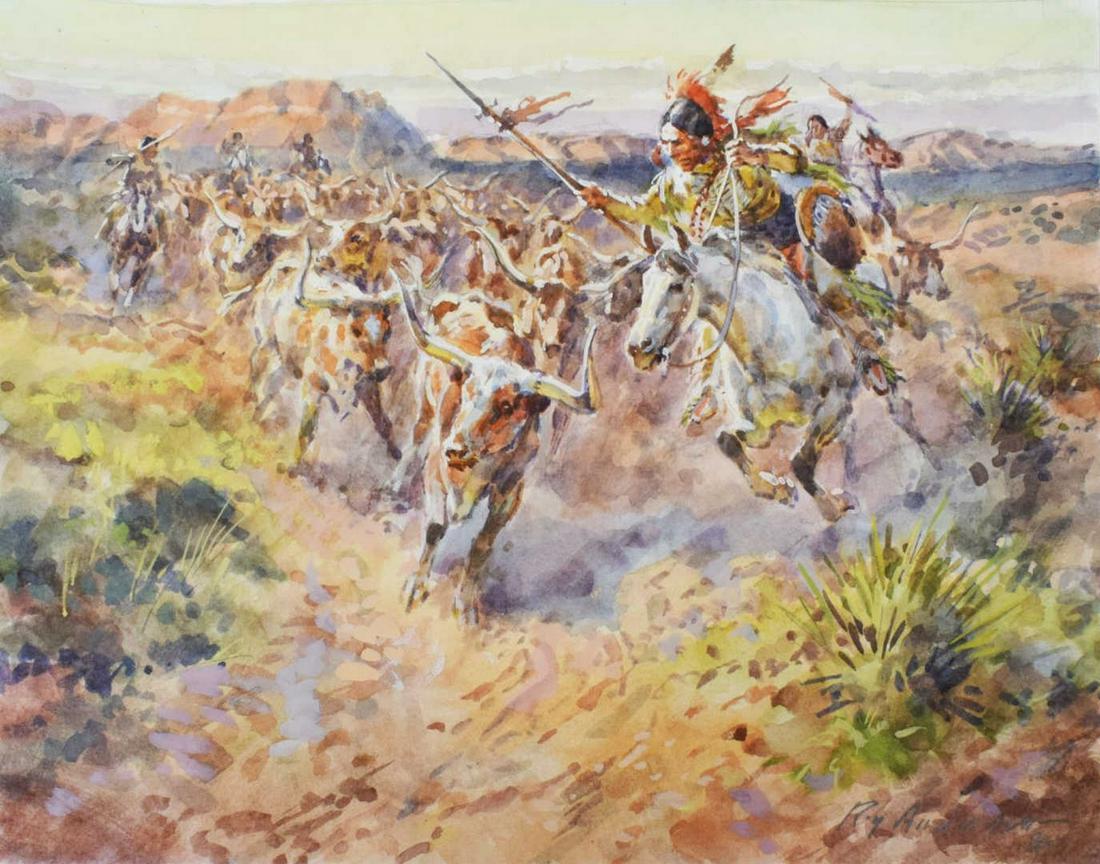 ROY ANDERSEN (1930-2019) CATTLE DRIVE WATERCOLOR: Unframed watercolor painting on paper, Cattle Drive, signed lower right Roy Andersen (American, 1930-2019), sight: approx 9.25"h, 12"w, sheet: approx 9.75"h, 12.75"w**Provenance: from the estate of Ro
