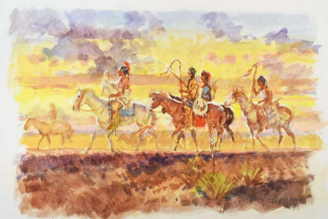 ROY ANDERSEN (1930-2019) INDIAN WATERCOLOR: Unframed watercolor painting on paper, "Where the Owl Leads Them," signed lower right Roy Andersen (American, 1930-2019), sight: approx 7"h, 11"w, sheet: approx 10.25"h, 14.25"w**Provenance: from the