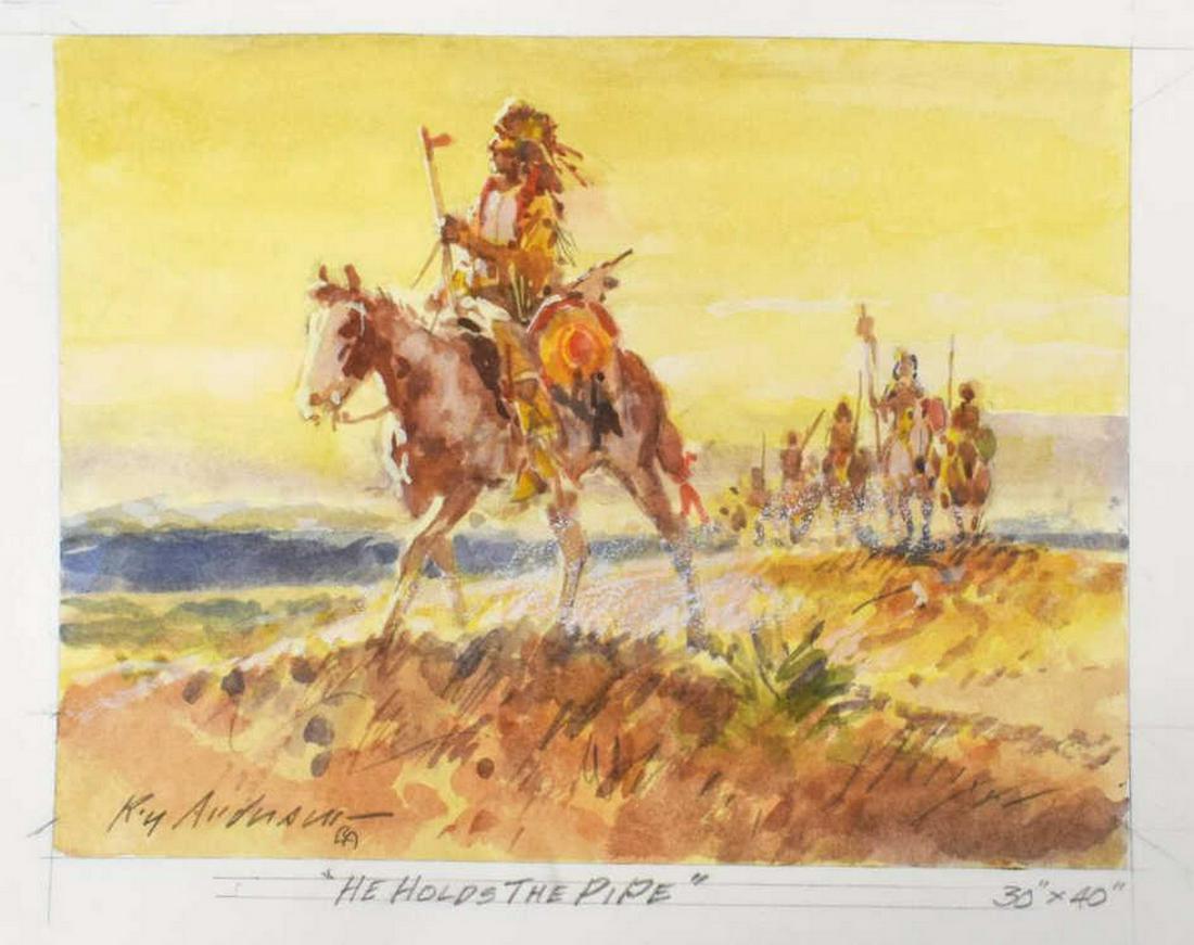 ROY ANDERSEN (1930-2019) W/C 'HE HOLDS THE PIPE': Unframed watercolor painting on paper, "He Holds the Pipe," signed lower left Roy Andersen (American, 1930-2019), sight: approx 6"h, 8"w, sheet: approx 10.25"h, 14.25"w **Provenance: from the estate o