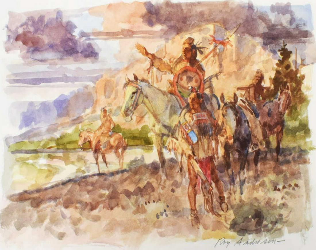 ROY ANDERSEN (1930-2019) INDIAN WATERCOLOR: Unframed watercolor painting on paper, Native American Riders on Horseback, signed lower right Roy Andersen (American, 1930-2019), sight: approx 9.25"h, 12.5"w, sheet: approx 12.25"h, 16.25"w**Provena