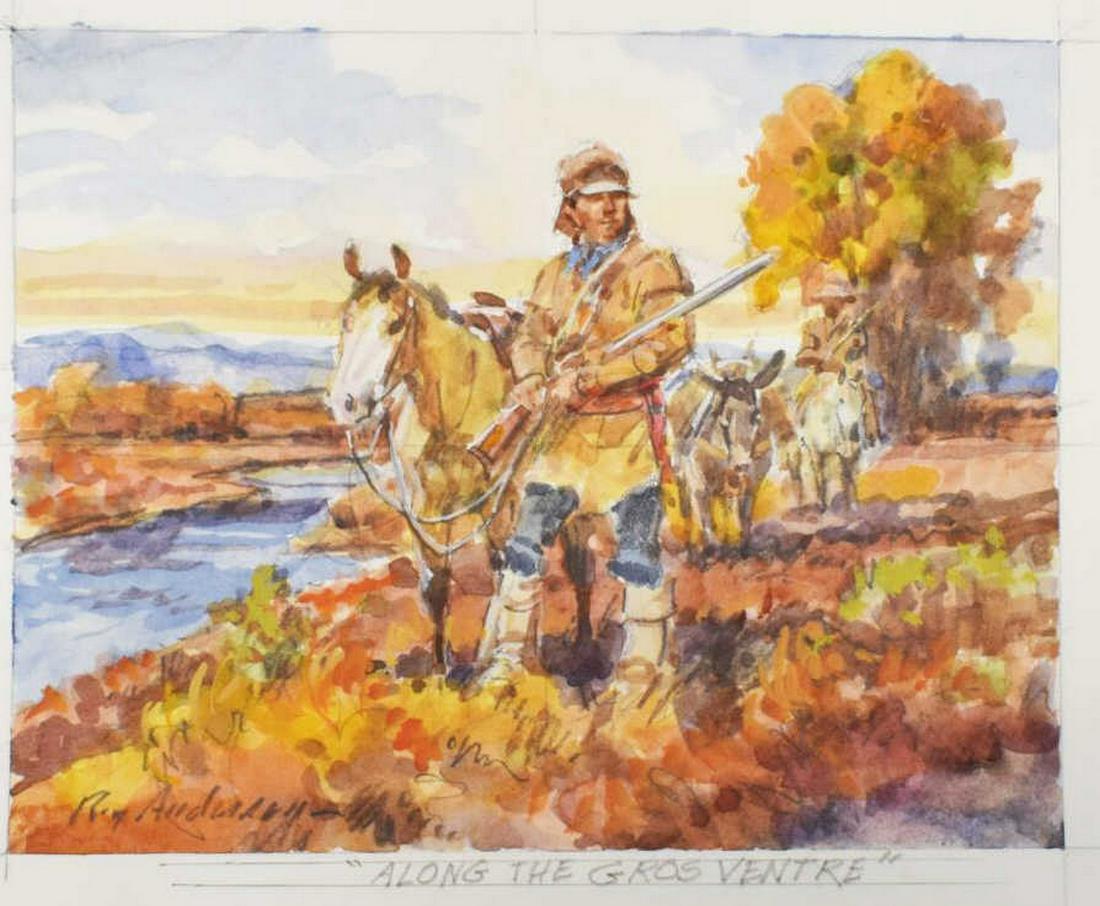ROY ANDERSEN (1930-2019) GROS VENTRE WATERCOLOR: Unframed watercolor painting on paper, "Along the Gros Ventre," signed lower left Roy Andersen (American, 1930-2019), sight: approx 6 5/8"h, 8"w, sheet: approx 10.25"h, 14.25"w**Provenance: from the e