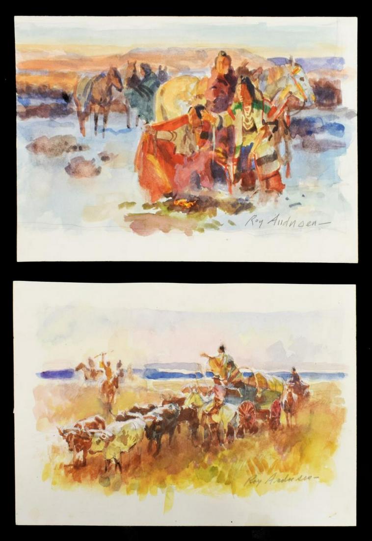 (2) ROY ANDERSEN (1930-2019) WATERCOLOR PAINTINGS: (lot of 2) Unframed watercolor paintings on paper, signed lower right Roy Andersen (American, 1930-2019), including: (1) Covered Wagon, likely a sketch for "Return of the Sisters" (sold at Sotheby's N
