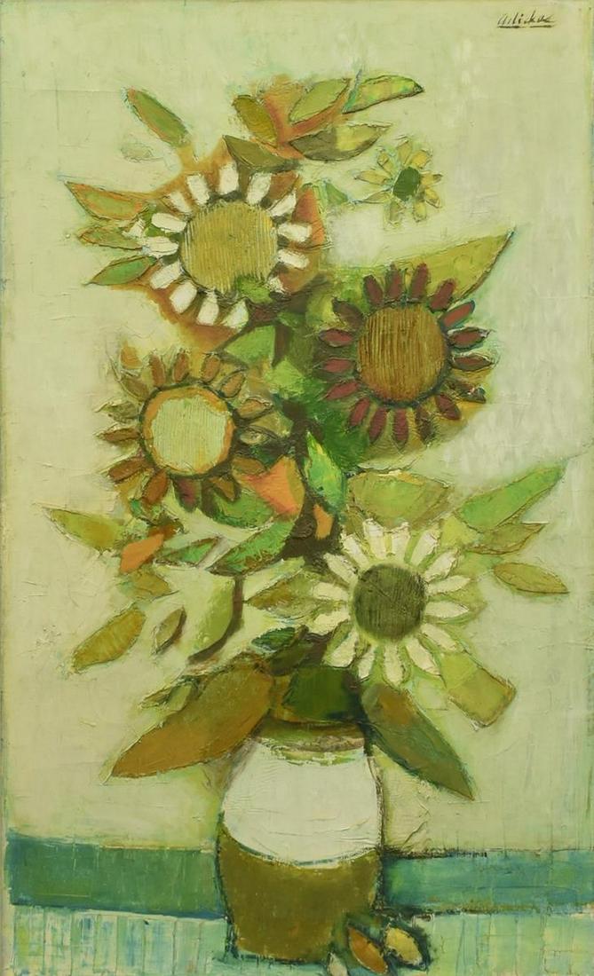 DAVID ADICKES (B.1927) 'SUNFLOWERS AGAINST WHITE': Framed oil on canvas painting, "Sunflowers Against White," signed upper right Adickes (David Pryor Adickes, Texas, b.1927), Adickes Studio label verso with date 1965, James Bute Gallery label verso, s