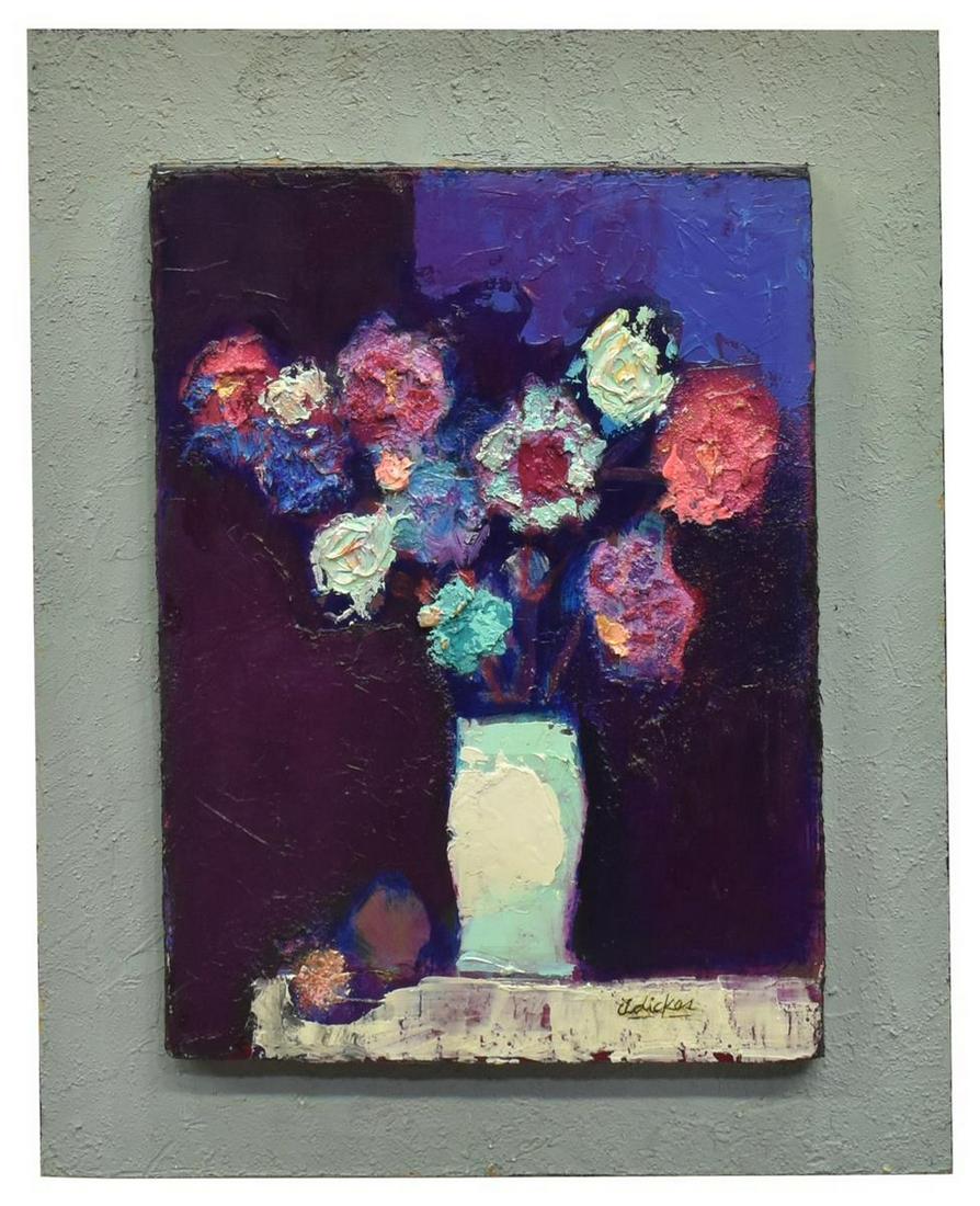 DAVID ADICKES (B.1927) PURPLE BOUQUET PAINTING: Acrylic on canvas painting mounted to board, "Purple Bouquet, Grey Mount," signed lower right Adickes (David Pryor Adickes, Texas, b.1927), Adickes Studio label verso with date 2014, sight: approx 16"