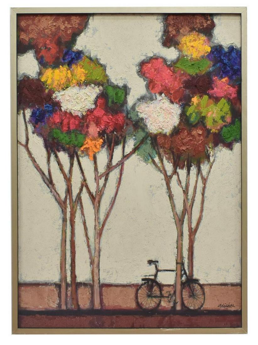 DAVID ADICKES (B.1927) TREES & BICYCLE: Framed giclee on canvas-wrapped panel, embellished by the artist with acrylic paint, Trees and Bicycle, signed lower right Adickes (David Pryor Adickes, Texas, b.1927), sight: approx 39.5"h, 29.5"w, o