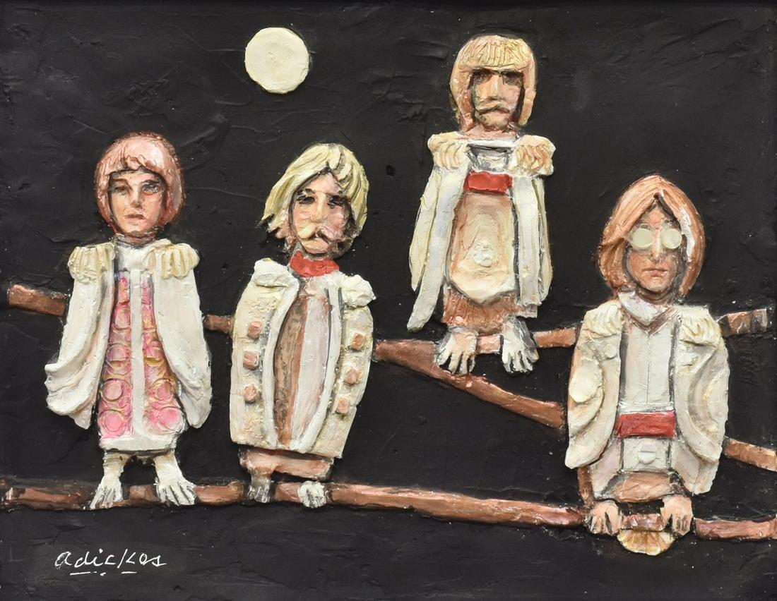 DAVID ADICKES (B.1927) "THE BEATLES AS OWLS": Framed painted plaster relief, The Beatles as Owls, signed lower left Adickes (David Pryor Adickes, Texas, b.1927), signed again and dated 7/ 2019 verso, sight: approx 10.5"h, 13.5"w, overall: approx