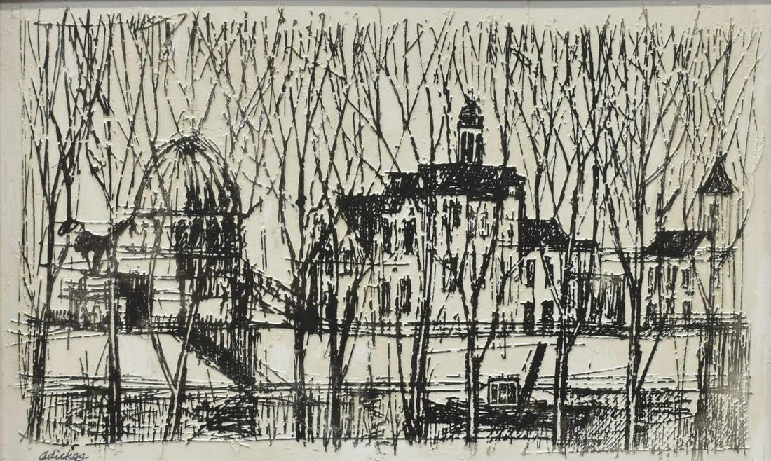 DAVID ADICKES (B.1927) PAINTED PLASTER RELIEF: Framed painted plaster relief, French Village, signed lower left Adickes (David Pryor Adickes, Texas, b.1927), sight: approx 9.5"h, 15.5"w, overall: approx 12"h, 18"w, 4lbs Start Price: $200.00