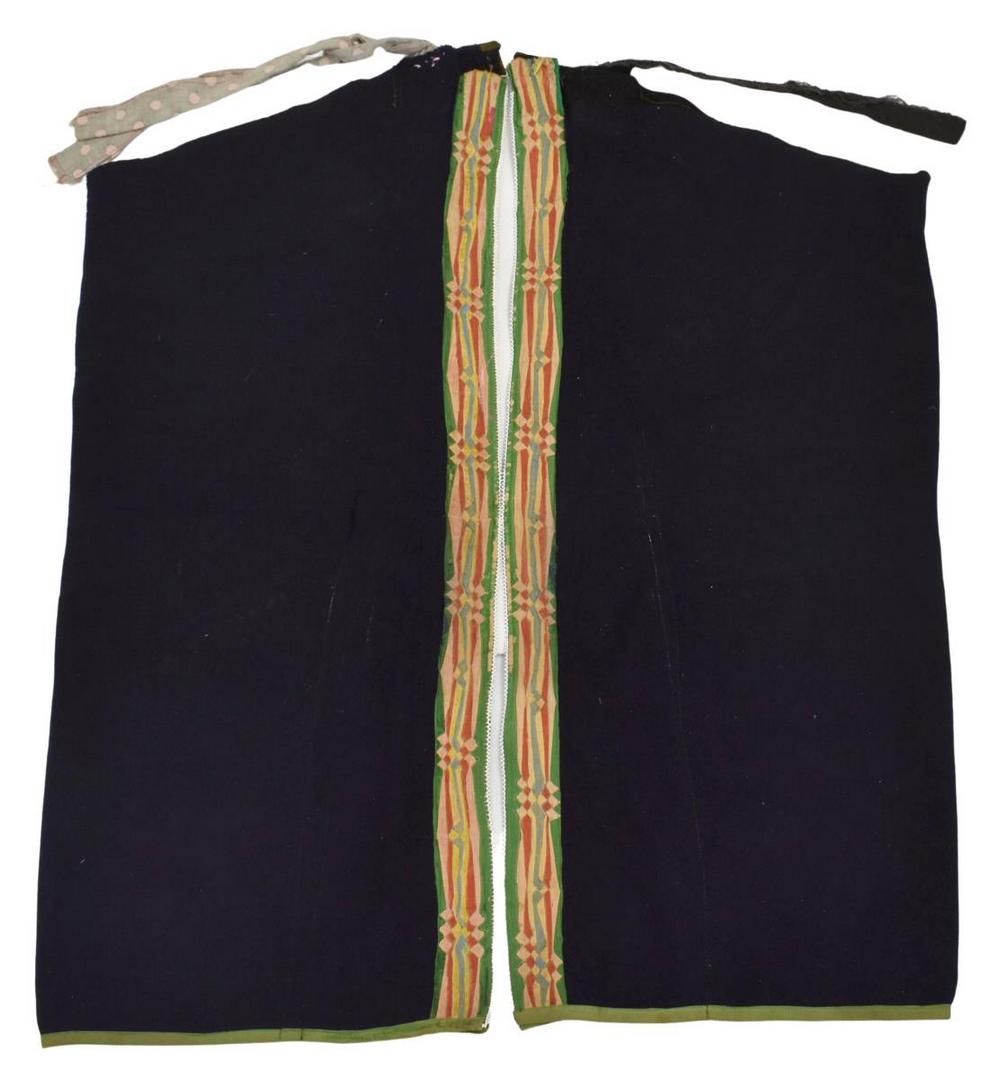 NATIVE AMERICAN GREAT LAKES WOOL LEGGINGS, C.1900: Native American wool leggings, Great Lakes, likely Winnebago, c.1880-1900, ribbonwork decoration, made from wool blanket marked "cielo made in Italy," approx 31"l, 14.5"w Start Price: $200.00